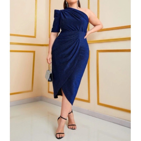 Glitter One Shoulder Rouch Dress Navy